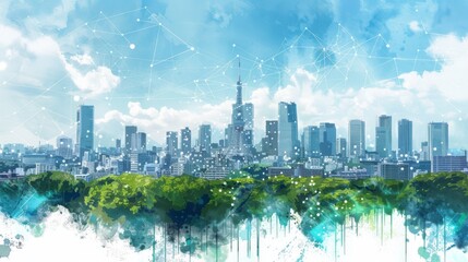 Obraz premium Futuristic cityscape with digital network overlay, symbolizing smart city connectivity.