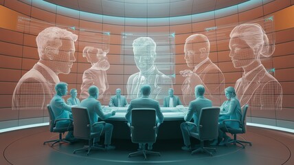 Futuristic virtual meeting with holographic projections in a modern conference room.