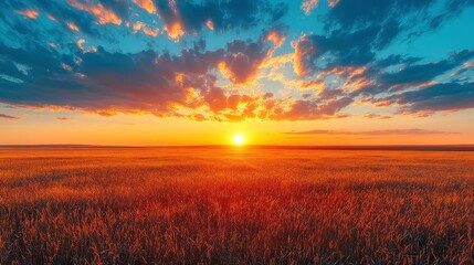 Fototapeta premium Stunning Sunset Over Wheat Field with Dramatic Sky Illuminated by Golden Light and Colorful Clouds in Vibrant Nature Scene