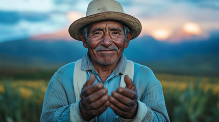 Fototapeta premium Smiling south american farmer displaying calloused hands with sunset field and mountain backdrop in portrait