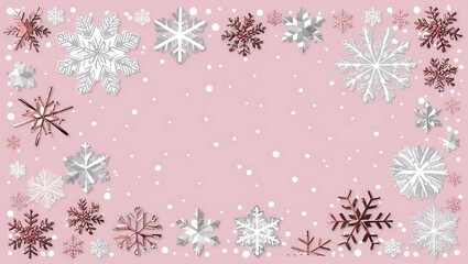 Elegant digital artwork with a festive winter theme, featuring intricately designed snowflakes in white, silver, and rose gold on a soft pink background with falling snow.