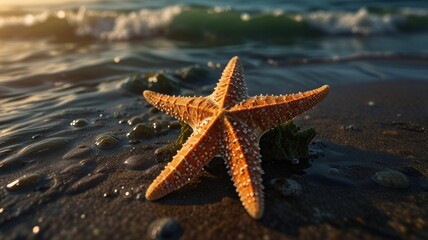 Orange starfish on sandy beach at sunset.