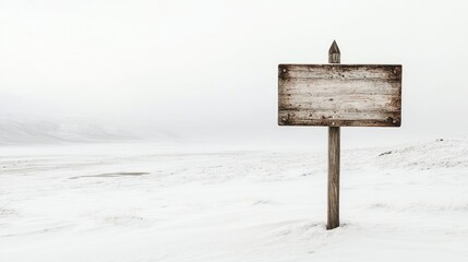 Naklejka premium A blank wooden signpost stands in a snowy landscape, surrounded by fog and minimal visibility.