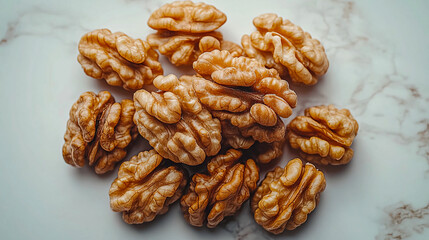 Obraz premium Close-up of shelled walnuts on marble surface