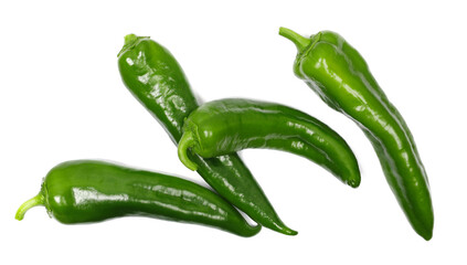 Group fresh green long peppers isolated on white, top view