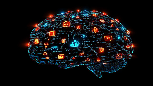 A futuristic close-up of a brain surface textured with subtle binary code and social media icons, glowing faintly against a clean, dark background, with a sleek and modern aesthetic. Brain rot.
