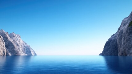 Serene ocean view between rocky cliffs under a clear blue sky.