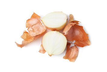 Halves of fresh onion with peels isolated on white, top view