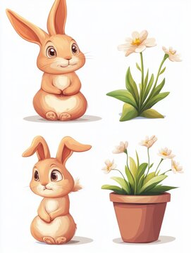 Basic english prepositions poster. Study language with cute cartoon rabbit and flower pot. Bunny character in different poses, isolated education vector banner