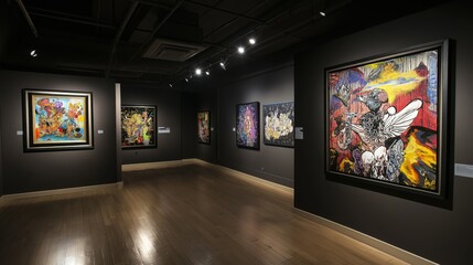 Dark art gallery with vibrant modern paintings displayed in spotlight-lit elegant setting