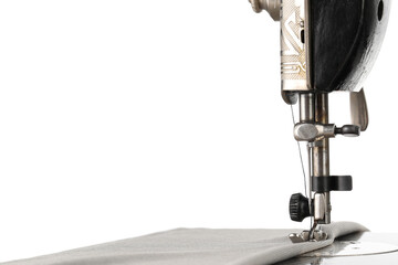 Sewing machine with grey fabric isolated on white