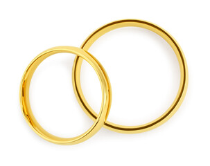 Beautiful golden wedding rings isolated on white, top view