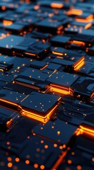 Glowing Futuristic Circuit Board with Neon Orange Lights on Dark Surface