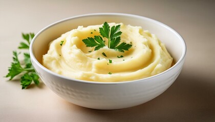 Delicious creamy mashed potatoes topped with fresh parsley in a white bowl ready for serving