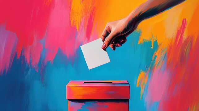 Hand placing a ballot into a vibrant artistic ballot box with colorful abstract background