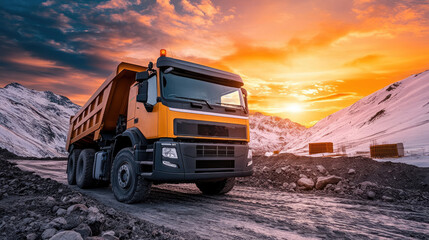 Heavy Duty Yellow Dump Truck on Mountain Road During Vibrant Sunset