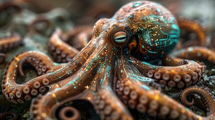 Fototapeta premium A futuristic octopus with glowing patterns resting on a rocky surface.