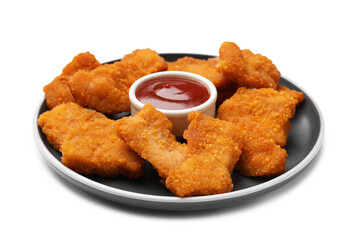 Delicious chicken nuggets with ketchup isolated on white