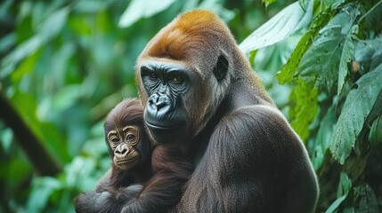 Western lowland gorilla mother holding her baby in the jungle