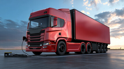 Electric Red Truck Charging at Sunset in Industrial Setting
