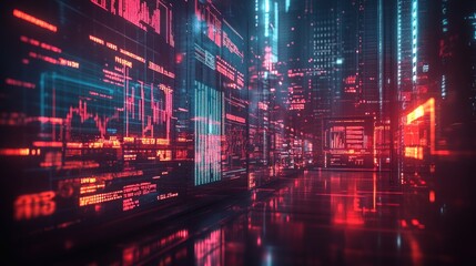 Fototapeta premium Futuristic city street with holographic data displays and neon lights reflecting on a glossy surface.