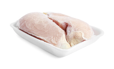 Frozen chicken breasts in container isolated on white