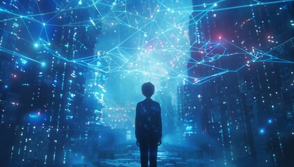 Digital cityscape with network nodes symbolizes smart city connectivity.