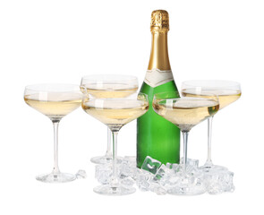 Bottle and glasses of champagne with ice cubes isolated on white