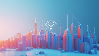 Digital cityscape with network nodes symbolizes smart city connectivity.