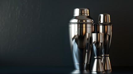 Two metallic cocktail shakers and jigger on dark background.