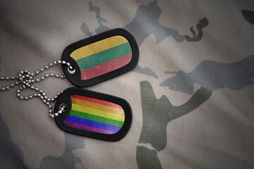 army blank, dog tag with rainbow gay pride flag and lithuania on the khaki texture background....