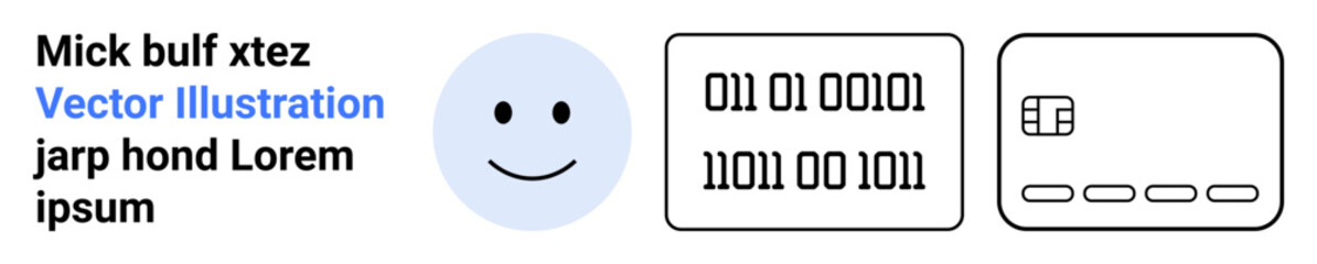 Binary code, happy face, and credit card icon with placeholder text. Ideal for programming, digital security, financial technology, online transactions, data encryption, user interface design