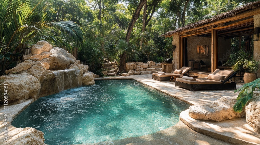Poster A serene retreat features a sparkling pool with a cascading waterfall surrounded by tropical plants and comfortable loungers. Sunlight filters through the dense foliage.