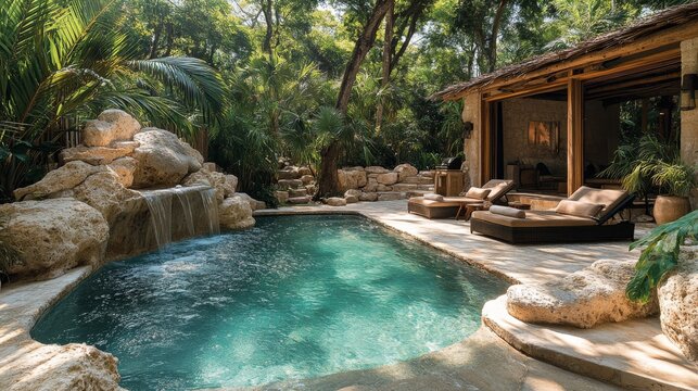 A serene retreat features a sparkling pool with a cascading waterfall surrounded by tropical plants and comfortable loungers. Sunlight filters through the dense foliage.