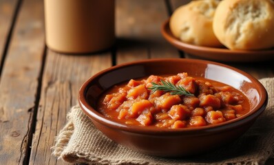 Delicious vegan stew with bread rolls