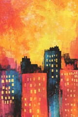 Obraz premium Vibrant Urban Sunset: Abstract Cityscape with Colorful Skyline Silhouettes