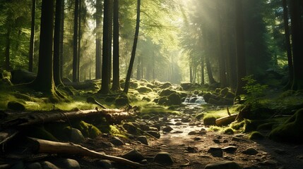 Sunlight filtering through a serene forest, highlighting green moss and a tranquil path.