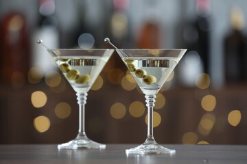 Martini cocktail with olives in glasses on wooden table against blurred background. Bokeh effect