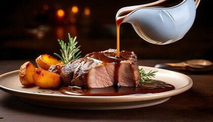 Modern gravy boat elegantly pouring rich sauce over succulent roasted meat with roasted potatoes and herbs