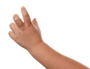 Little child on white background, closeup of hand