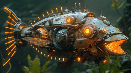 A futuristic robotic fish with glowing elements, blending technology and marine life.