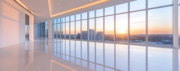 Fototapeta premium Frameless panoramic windows in a modern business building, large floor-to-ceiling glass 