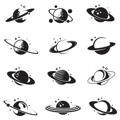 monochrome design collection of planet saturn with stars isolated on white background