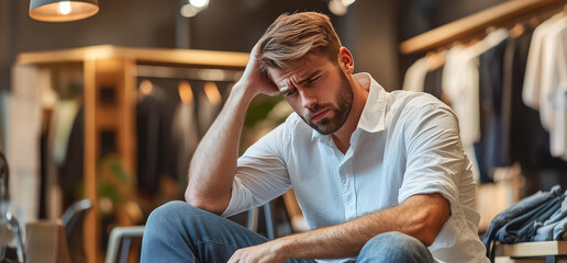 Tired man sits on a pouf in a clothing store in front of the fitting rooms, waiting. 