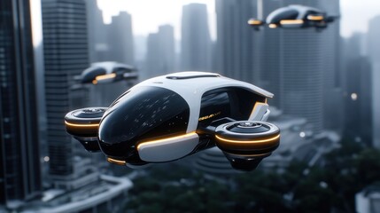 Obraz premium Futuristic flying vehicle navigating a modern cityscape.