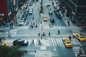 Obraz premium A bustling urban intersection with pedestrians, cyclists, and taxis navigating the streets.