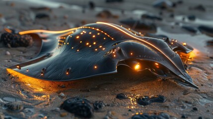 A glowing manta ray resting on a rocky beach at twilight.