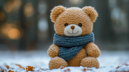 Cute teddy bear with blue scarf sitting in snowy autumn forest