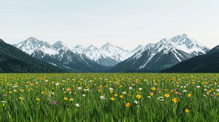 Genius loci, A scenic landscape featuring a vibrant flower meadow in the foreground and majestic snow-capped mountains in the background.
