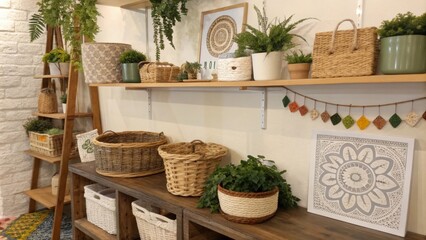 Decorative elements such as woven baskets potted greenery and handmade crafts adorn the shelves infusing personality and a touch of nature into the cozy environment.